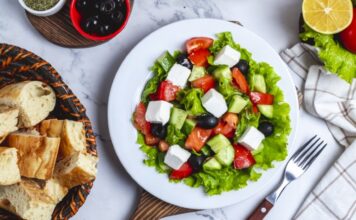 top view greek salad lettuce with black olives